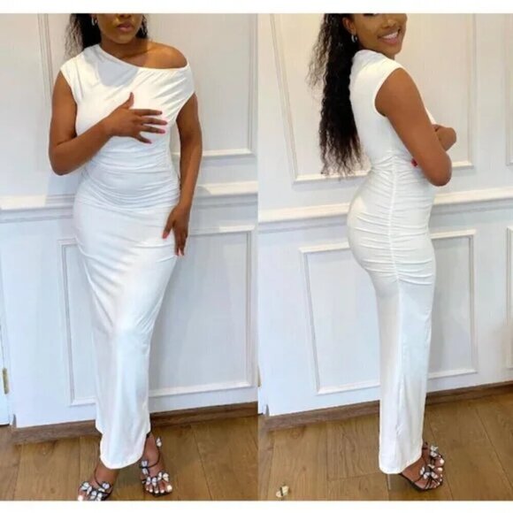 NAKED WARDROBE Ruched One-Shoulder Gown in White Size Medium - Picture 3 of 14